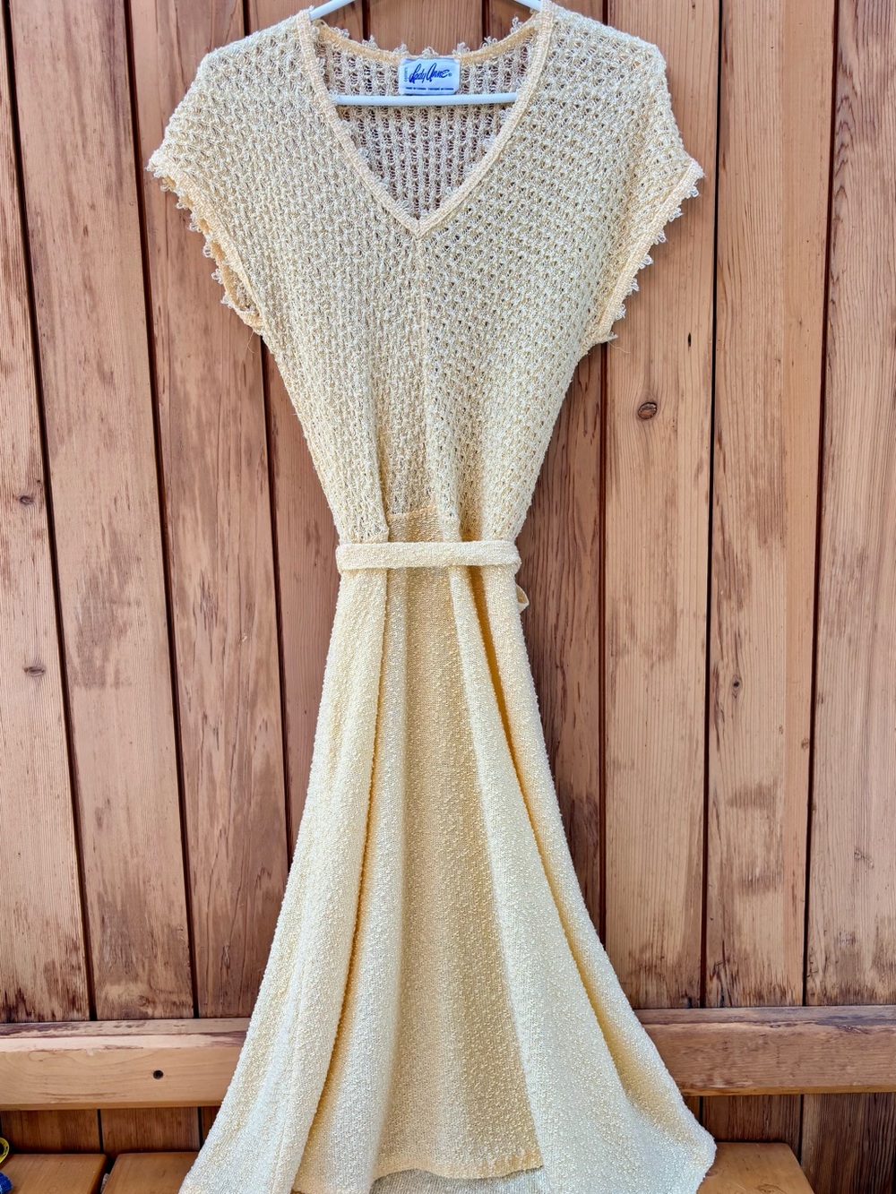 Vintage Lady Anne Yellow Knit Crochet Dress Midi V-Neck Belted Made in Canada